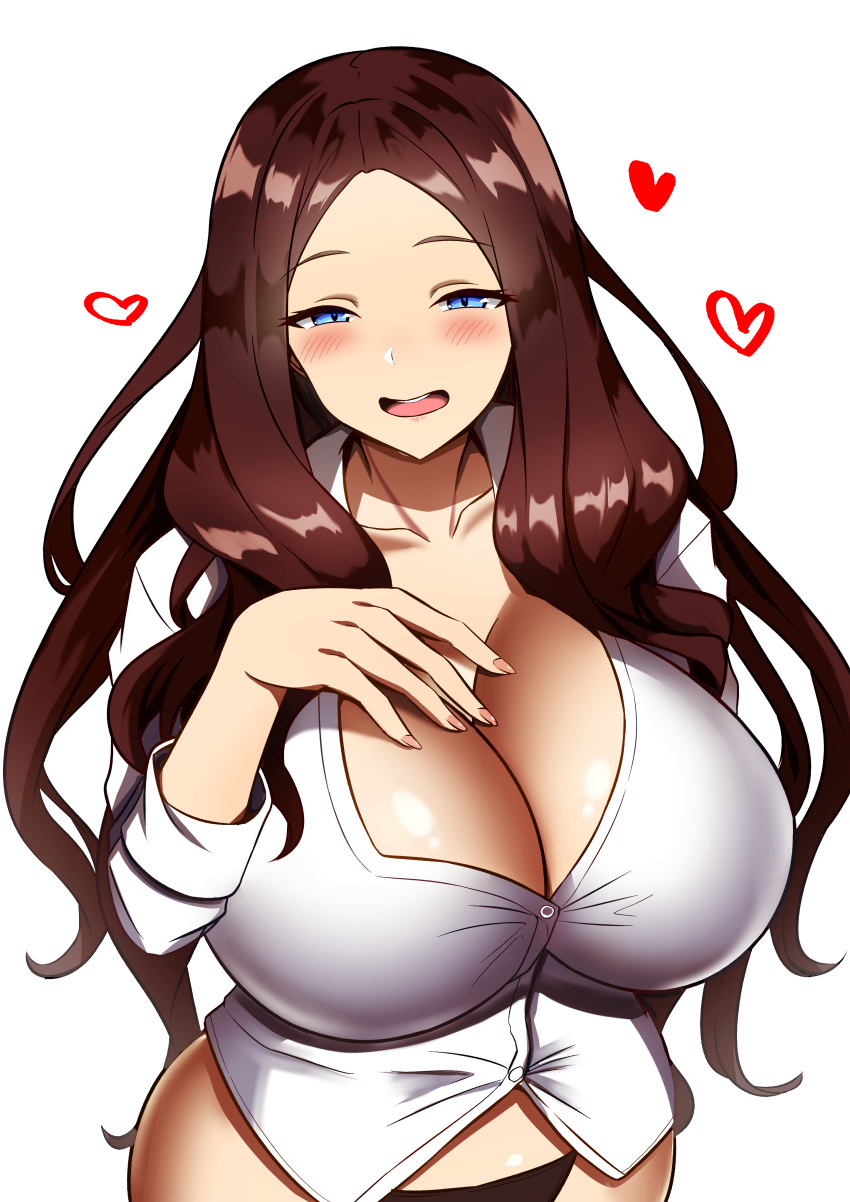 1girl absurdres alternate_costume black_panties blue_eyes breasts brown_hair collarbone dress_shirt fate/grand_order fate_(series) forehead heart highres huge_breasts leonardo_da_vinci_(fate) long_hair open_mouth panties parted_bangs round_teeth shirt smile solo teeth underwear upper_teeth_only very_long_hair white_background white_shirt yuzu_kiro