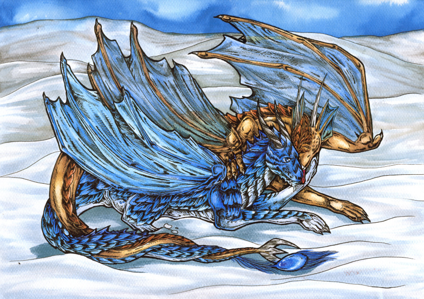 2011 absurd_res blue_body blue_eyes blue_scales brown_body claws cuddling day desertyrain_minrok dragon dragonlovers dremora duo fangs female feral gradient_scales hi_res horn licking lying male male/female membrane_(anatomy) membranous_wings natoli outside painting_(artwork) scales scalie sky smile snow tail tail_tuft teeth tongue tongue_out traditional_media_(artwork) tuft twisted_horns watercolor_(artwork) western_dragon wings