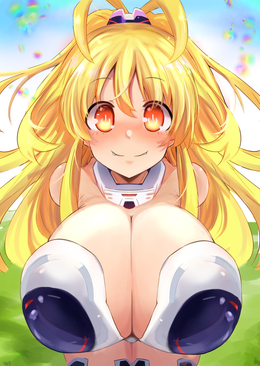 1girl absurdres bare_shoulders blonde_hair blush breasts cleavage commission detached_collar happy highres huge_breasts kami_jigen_game_neptune_v large_breasts leotard long_hair misaki_(nounaikakusan) neptune_(series) open_mouth orange_eyes pixiv_commission power_symbol smile solo symbol-shaped_pupils upper_body very_long_hair white_leotard yellow_eyes yellow_heart