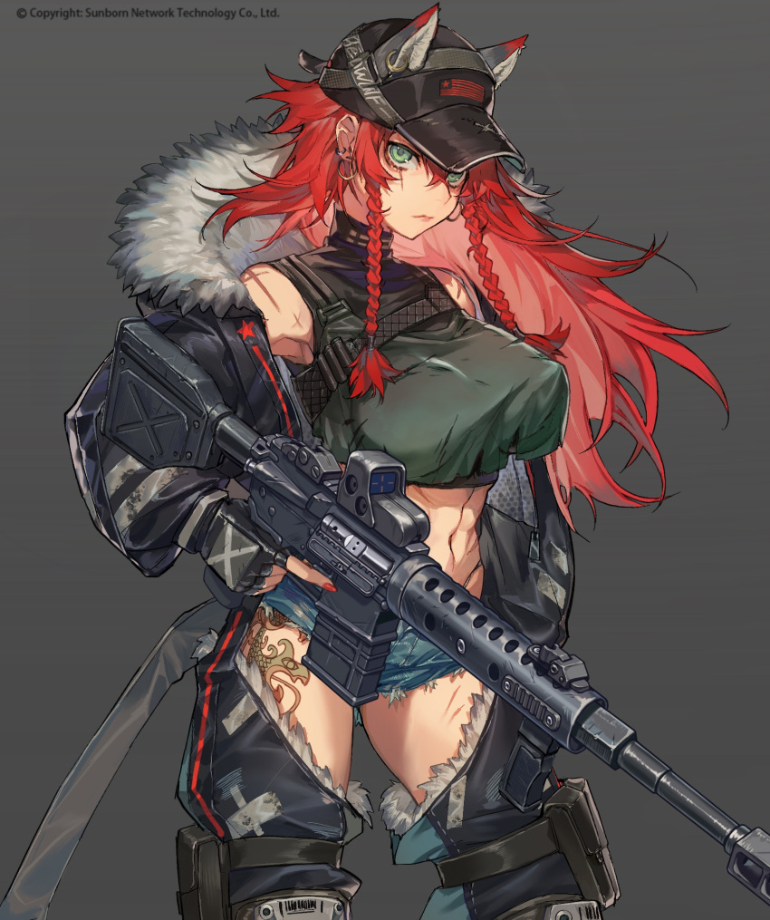 1girl animal_ears belt beowulf_(girls'_frontline) braid contrapposto covered_nipples fake_animal_ears girls'_frontline green_eyes gun hat highres leg_tattoo long_hair looking_at_viewer nail_polish no_bra red_hair rifle see-through serious short_shorts shorts simple_background solo soono_(rlagpfl) tattoo torn_clothes trigger_discipline twin_braids weapon