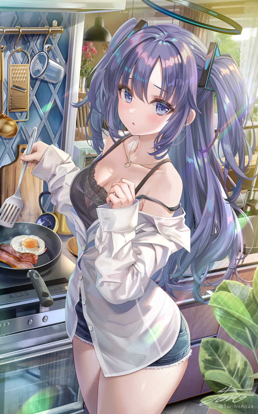 1girl bacon bare_shoulders black_camisole blue_archive blue_shorts blush breasts camisole cleavage collarbone collared_shirt denim denim_shorts dress_shirt egg_(food) food hair_ornament halo highres jewelry light_rays long_hair long_sleeves looking_at_viewer medium_breasts necklace off_shoulder open_mouth purple_eyes purple_hair shirt short_shorts shorts sidelocks skillet solo spatula stove thighs torino_aqua two_side_up white_shirt yuuka_(blue_archive)