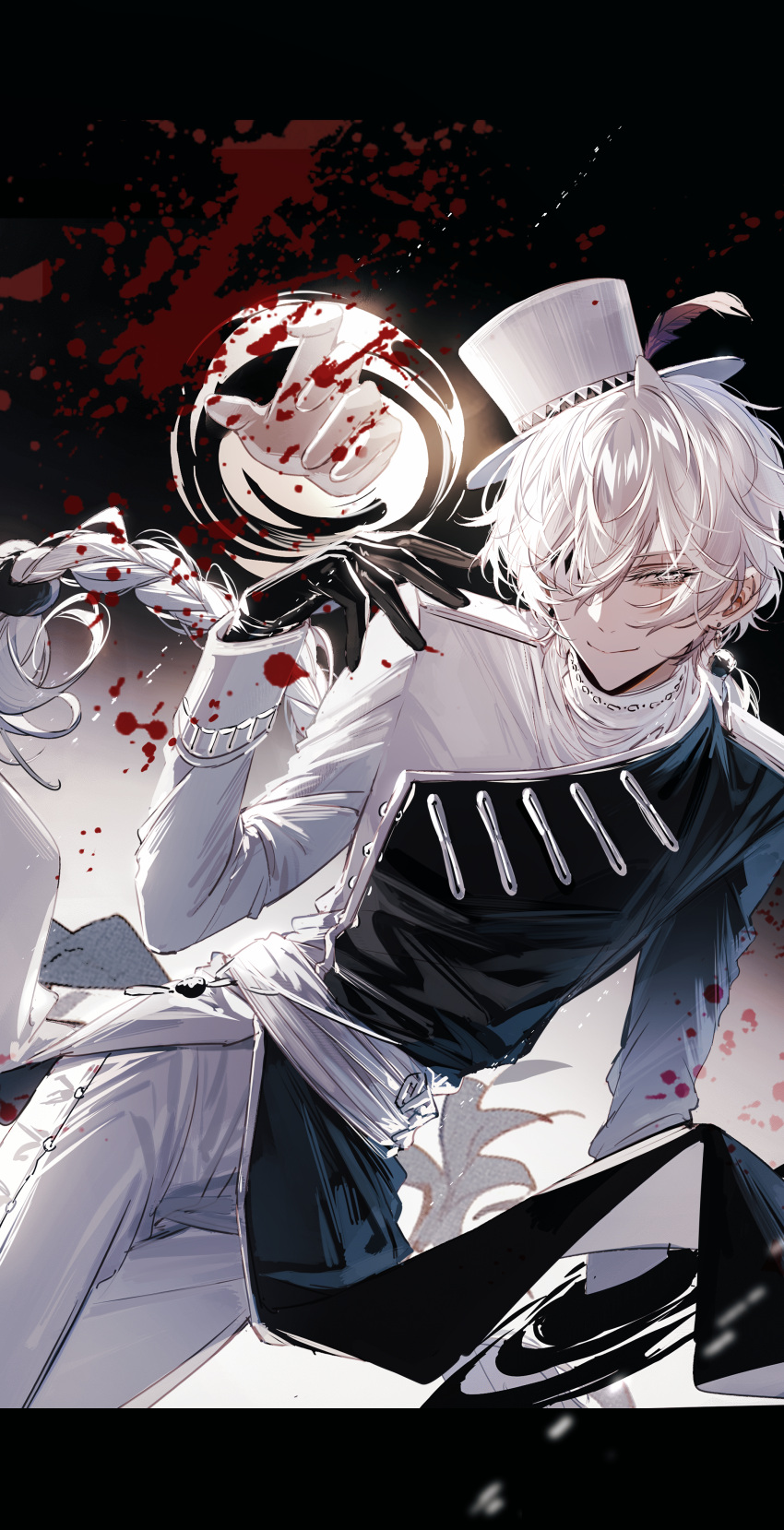 1boy absurdres baocaizi belt black_background black_gloves black_jacket blood blood_splatter braid bungou_stray_dogs commentary english_commentary evil_smile feet_out_of_frame gloves gradient_background hand_up hat hat_feather highres jacket letterboxed long_hair looking_at_viewer male_focus multicolored_clothes multicolored_jacket nikolai_gogol_(bungou_stray_dogs) outstretched_hand pants portal_(object) scar scar_across_eye simple_background smile solo spot_color top_hat two-tone_jacket white_background white_belt white_eyes white_hair white_headwear white_jacket white_pants