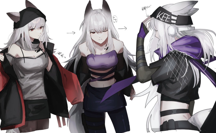 1girl animal_ears arknights bare_shoulders beanie black_headwear black_jacket black_skirt breasts brown_pantyhose closed_mouth coat crop_top cropped_legs frostleaf_(arknights) frostleaf_(breaking_the_ice)_(arknights) grey_hair grey_shirt hat highres holster inu_to_milk jacket long_hair midriff miniskirt multiple_views navel off-shoulder_shirt off_shoulder one_eye_closed pantyhose purple_shirt red_coat red_eyes sequential shirt simple_background skirt small_breasts strapless strapless_shirt tail thigh_holster undressing white_background