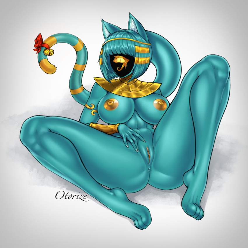 1_eye anthro areola big_breasts blue_body blue_fur blue_hair breasts clothing domestic_cat egyptian egyptian_clothing felid feline felis female fur genitals gold_(metal) hair hi_res jewelry mammal mouthless navel nipples nyanlathotep_(sucker_for_love) otorize pinup pose pussy ribbons sexy_eyes simple_background solo swimwear tail white_background yellow_eyes yellow_nipples