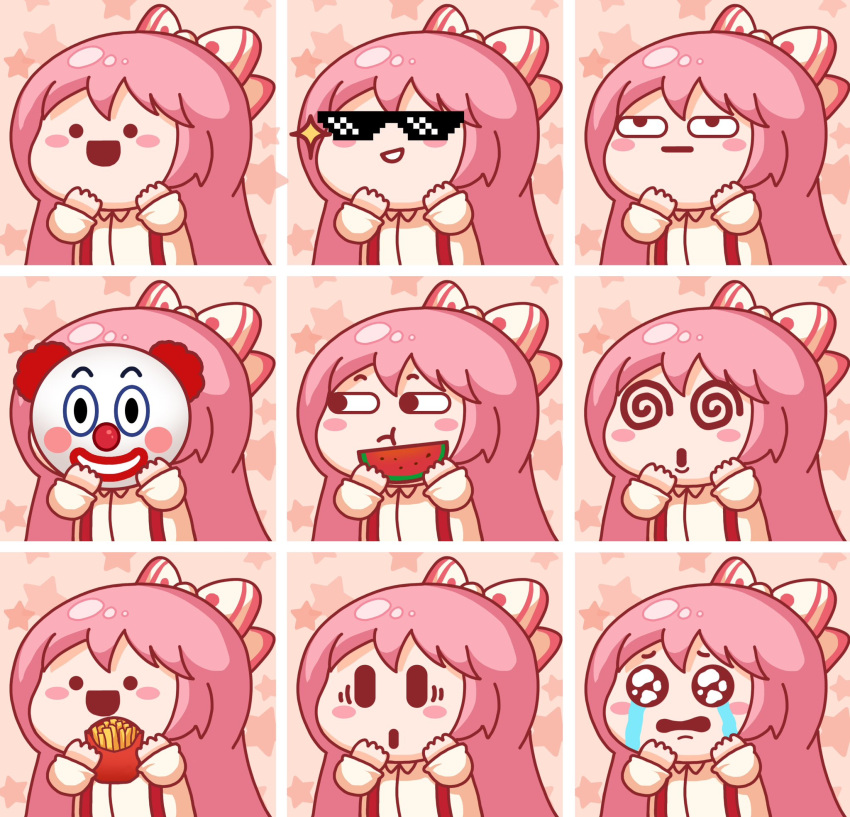 :o @_@ bow chibi clown_mask crying crying_with_eyes_open eating expression_chart food french_fries fruit fujiwara_no_mokou hair_bow highres jokanhiyou mask pink_hair serious shirt smile sunglasses suspenders tears touhou watermelon white_shirt