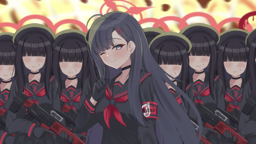 6+girls ahoge assault_rifle beret black_choker black_gloves black_hair black_headwear black_sailor_collar black_serafuku black_shirt blue_archive blue_eyes blunt_bangs blush choker closed_mouth em-2 explosion extra faceless faceless_female finger_to_mouth gloves gun hair_ornament hairclip halo hat highres holding holding_gun holding_weapon ichika_(blue_archive) justice_task_force_member_(blue_archive) long_hair multiple_girls neckerchief one_eye_closed red_neckerchief rifle sailor_collar scene_reference school_uniform serafuku shirt smile solo_focus sweatdrop upper_body very_long_hair wavy_mouth weapon woodhxx