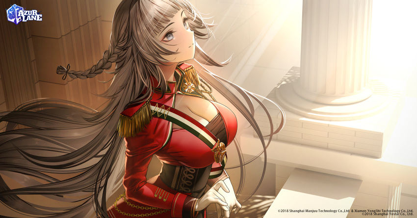 1girl aiguillette azur_lane bangs blunt_bangs braid breasts chain cleavage closed_mouth commentary corset cowboy_shot dress english_commentary epaulettes eyelashes floating_hair from_side gloves grey_eyes grey_hair highres jacket large_breasts light_smile long_hair nanaken_nana official_art pillar red_dress red_jacket second-party_source shrug_(clothing) smile solo standing sunlight underbust vittorio_veneto_(azur_lane) watermark white_gloves