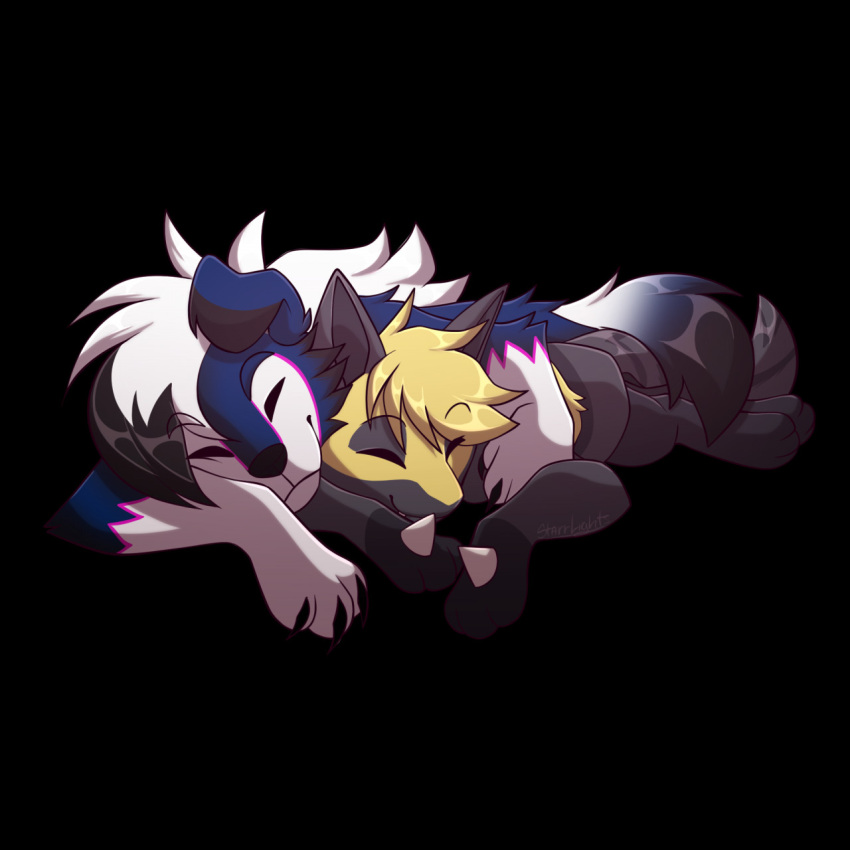 3_fingers 3_toes ambiguous_gender anthro anubis_(dramatic_wolf) black_background black_body black_fur black_inner_ear blu_(the_unpopular) blue_body blue_fur duo feet fingers floppy_ears fur generation_4_pokemon generation_7_pokemon hand_spikes hi_res lucario lycanroc multicolored_body multicolored_fur nintendo pokemon pokemon_(species) simple_background sleeping sleeping_together smile spikes spikes_(anatomy) starr_lights toes two_tone_body two_tone_fur white_body white_fur yellow_body yellow_fur