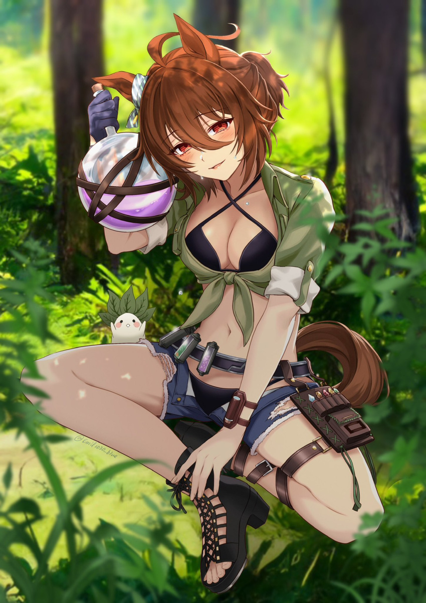 1girl agnes_tachyon_(lunatic_lab)_(umamusume) agnes_tachyon_(umamusume) animal_ears bikini black_bikini blue_shorts blurry blurry_background blush breasts brown_hair cleavage criss-cross_halter denim denim_shorts emil1030_blue flask forest gladiator_sandals gloves green_jacket hair_between_eyes halterneck highres holding horse_ears horse_girl jacket looking_at_viewer nature official_alternate_costume official_alternate_hairstyle outdoors red_eyes round-bottom_flask sandals shorts single_glove smile solo summer's_sunlight_fades_to_blue_(umamusume) swimsuit umamusume