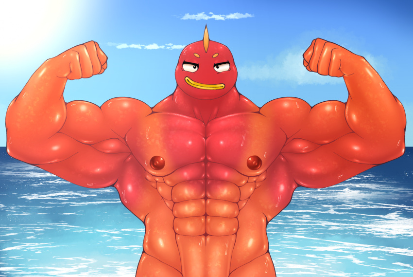 abs anthro beach big_muscles epic_games fish fish_thicc_(fortnite) flexing flexing_both_biceps fortnite hi_res lips looking_at_viewer male marine miasmaaxel muscular muscular_male nipples orange_body seaside smile smirk solo suntan tan_line water water_drop yellow_lips