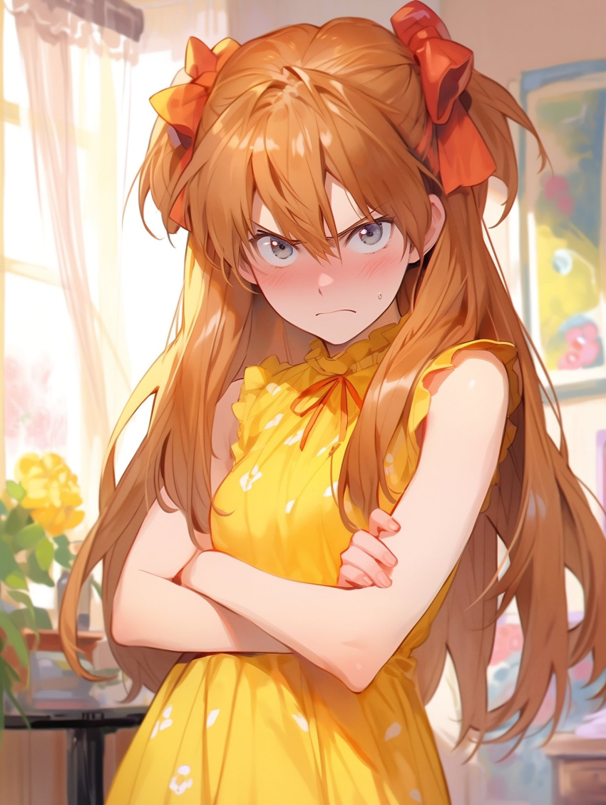ai-generated angry angry_german_kid blush bow cass dress flower folding_arms frown grumpy hair_bow highres joeyy joeyy_(rapper) jxxyy karcer karcer_grey neon_genesis_evangelion rebuild_of_evangelion red_bow red_hair souryuu_asuka_langley tsundere yellow_dress