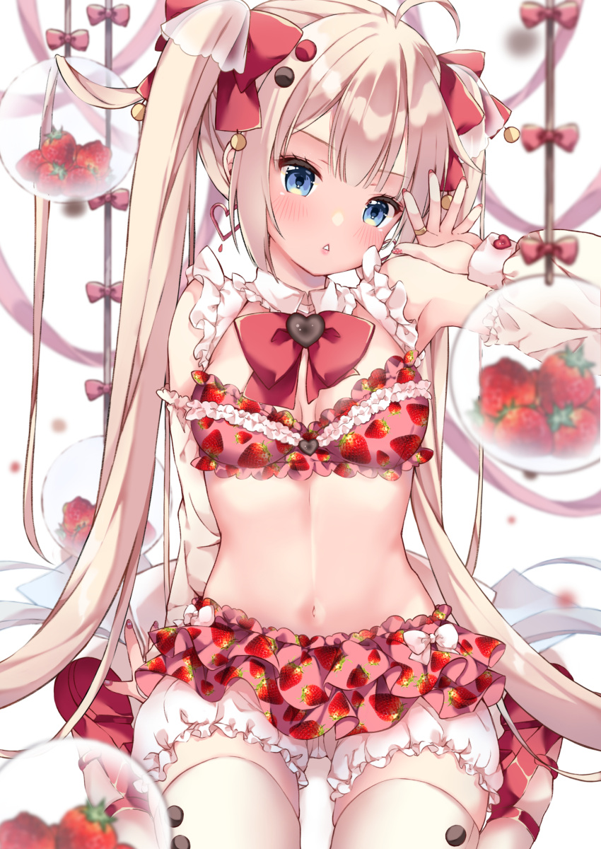 1girl absurdres ahoge akino_(chikarrr) arm_at_side bare_shoulders blonde_hair blue_eyes blunt_bangs blurry blush bow bra breasts center-flap_bangs cleavage collar comiket_99 commentary_request curvy depth_of_field detached_collar detached_sleeves earrings eyelashes food food_print frilled_bra frilled_collar frilled_skirt frills fruit hair_bow hand_up head_tilt heart heart-shaped_ornament heart_earrings highres jewelry knees_out_of_frame long_hair long_sleeves looking_at_viewer mary_janes medium_breasts midriff miniskirt nail_polish navel original parted_lips pink_bra pink_skirt red_bow red_footwear red_nails red_ribbon ribbon shoes simple_background sitting skirt stomach straight_hair strawberry strawberry_print thighhighs thighs twintails underwear very_long_hair wariza white_background white_collar white_thighhighs zettai_ryouiki