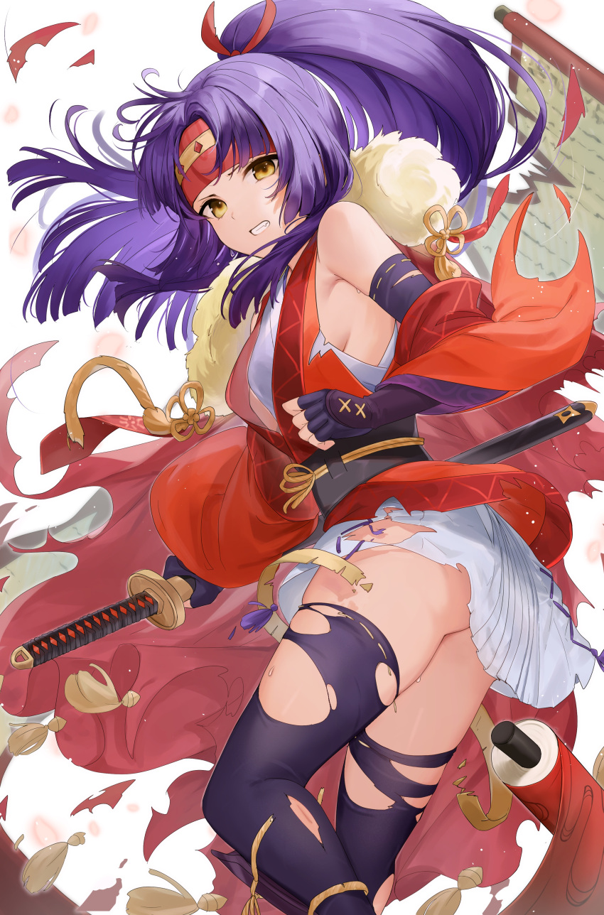 1girl absurdres ass black_thighhighs breasts bridal_gauntlets cape clenched_teeth clothing_request commission detached_sleeves english_commentary feet_out_of_frame fire_emblem fire_emblem_heroes fur-trimmed_cape fur_trim haru_(nakajou-28) headband highres holding holding_sword holding_weapon injury japanese_clothes katana long_hair looking_at_viewer medium_breasts ninja official_alternate_costume official_alternate_hairstyle parted_bangs ponytail profile purple_hair red_cape red_headband sanaki_kirsch_altina sanaki_kirsch_altina_(ninja) scroll second-party_source sideboob sidelocks simple_background skindentation solo sword tassel teeth thighhighs thighs torn_cape torn_clothes torn_thighhighs very_long_hair weapon white_background white_undershirt wide_sleeves yellow_eyes