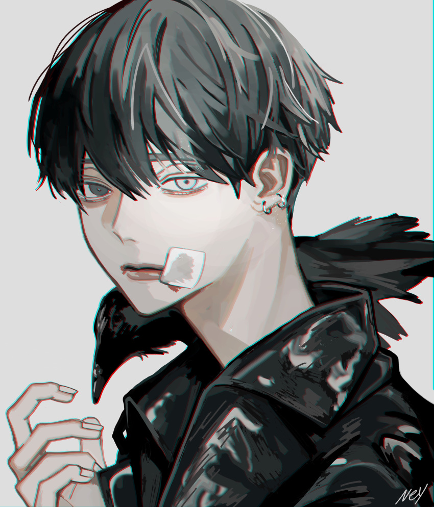 1boy absurdres bandaid bandaid_on_face bird bishounen black_hair black_jacket cognacbear crow ear_piercing highres jacket light lipgloss looking_at_viewer male_focus multiple_piercings original piercing portrait short_hair simple_background solo white_background