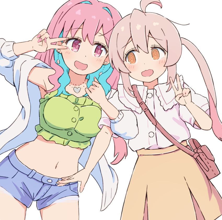 2girls :d @_@ ahoge bag bare_arms blue_hair colored_inner_hair commentary earrings frilled_shirt_collar frills hair_between_eyes heart heart_necklace highres hozuki_kaede jacket jewelry light_blue_hair locked_arms long_hair looking_at_another midriff multicolored_hair multiple_girls nail_polish navel necklace onii-chan_wa_oshimai! open_clothes open_jacket open_mouth orange_eyes oyama_mahiro pink_eyes pink_hair pink_nails short_shorts shorts shoulder_bag simple_background skirt smile tetesudeesu twintails two-tone_hair v v_over_eye wavy_mouth white_background white_jacket yellow_skirt