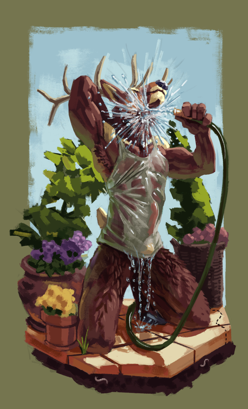 absurd_res animal_genitalia animal_penis anthro antlers balls brown_body brown_fur bulge canine_genitalia cervine cervine_genitalia cervine_penis clothed clothing deer digital_media_(artwork) dripping elk erection flower fur garden genitals hi_res horn hose male mammal mo_(momamo) momamo muscular muscular_anthro muscular_male nude outside pantsless partially_clothed penis plant pottery public scut_tail shirt_bulge short_tail simple_background smile solo spraying spraying_water tail topwear translucent translucent_clothing water wet wet_body wet_clothing wet_fur