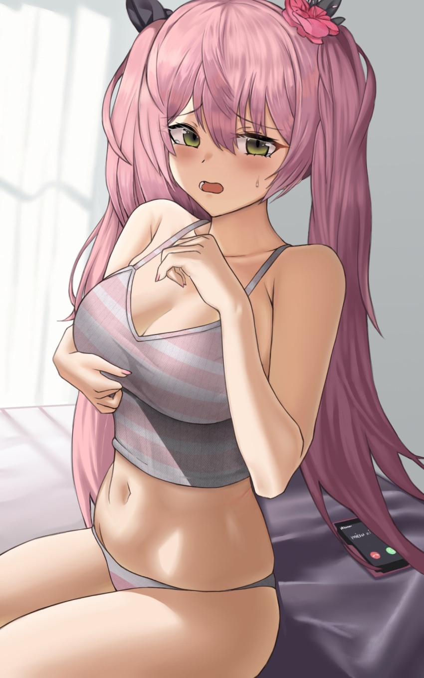 1girl breasts cellphone cleavage crop_top crying crying_with_eyes_open flower frown goddess_of_victory:_nikke green_eyes hair_flower hair_ornament highres indoors large_breasts long_hair looking_at_viewer mitsu_ni navel on_bed open_mouth panties phone pink_flower pink_hair quiry_(nikke) sitting smartphone solo tears twintails underwear