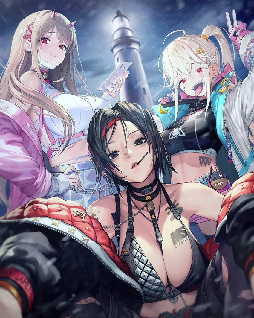 3girls arm_tattoo bikini black_bikini black_hair black_nails black_sports_bra breasts cellphone chain cleavage_cutout clothes_writing clothing_cutout coat collar crop_top crossed_bangs crow_(nikke) ear_piercing earrings facial_mark game_cg gloves goddess_of_victory:_nikke hair_ornament hairclip heart high-waist_skirt highres holding holding_phone holographic_clothing hoop_earrings iridescent jackal_(nikke) jewelry large_breasts light_brown_hair long_hair long_sleeves looking_at_viewer mole mole_under_eye mouth_hold multicolored_hair multiple_girls nail_polish official_art one_side_up open_clothes open_coat open_mouth outdoors parted_lips phone piercing pink_eyes pink_gloves pink_hair pink_shorts pleated_skirt red_eyes red_hair ring short_hair shorts skirt smartphone smile snowing spiked_collar spiked_legwear spikes sports_bra squatting standing swimsuit tattoo teeth thigh_strap tongue tongue_out upper_teeth_only v viper_(nikke) white_gloves white_skirt zipper_pull_tab