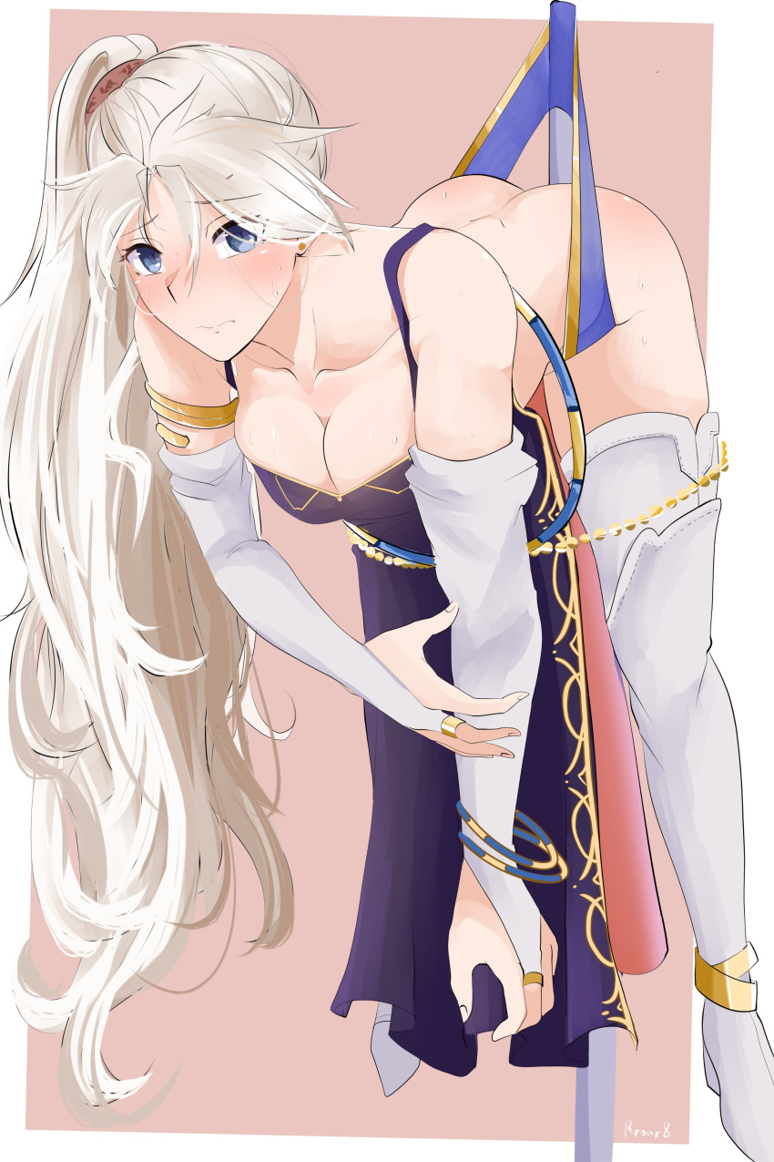 1girl absurdres alternate_eye_color ass bare_shoulders blue_dress blue_eyes blue_panties blush breasts bridal_gauntlets cape choker cleavage collarbone commission dress earrings elbow_gloves embarrassed fire_emblem fire_emblem:_genealogy_of_the_holy_war gloves grey_hair highres ishtar_(fire_emblem) jewelry large_breasts long_hair looking_at_viewer panties panty_pull pelvic_curtain ponytail rroar8 simple_background sleeveless sleeveless_dress solo thighhighs thong underwear very_long_hair wedgie white_gloves