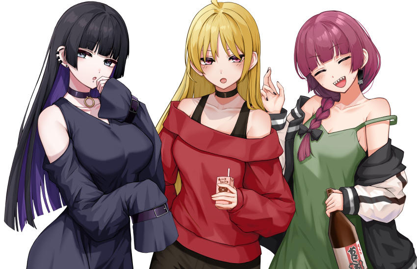 1girl 3girls absurdres ahoge bare_shoulders black_choker black_hair blonde_hair blunt_bangs blush bocchi_the_rock! bottle braid breasts chin_piercing choker cleavage closed_eyes clothing_cutout collarbone colored_inner_hair cowboy_shot dress drink ear_piercing gothic green_tank_top hand_on_own_hip highres hiroi_kikuri holding holding_drink ijichi_seika jacket kushinaka large_breasts long_hair long_sleeves looking_at_viewer medium_bangs medium_breasts milk_carton multicolored_hair multiple_girls nail_polish off-shoulder_sweater off_shoulder open_clothes open_jacket open_mouth pa-san piercing purple_hair red_sweater sharp_teeth shoulder_cutout simple_background sleeves_past_fingers sleeves_past_wrists smile straight_hair strap_slip sweatdrop sweater tank_top teeth two-tone upper_body very_long_hair white_background