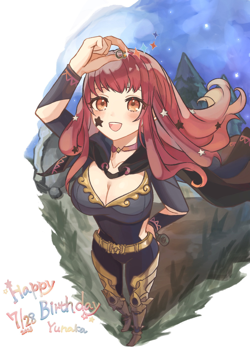 absurdres belt black_cape bodysuit cape choker clothing_cutout facial_mark fire_emblem fire_emblem_engage gold_belt hair_ornament highres jewelry night night_sky pink_choker purple_bodysuit red_hair ring side_cutout sky star_(symbol) star_facial_mark star_hair_ornament yellow_belt yunaka_(fire_emblem)