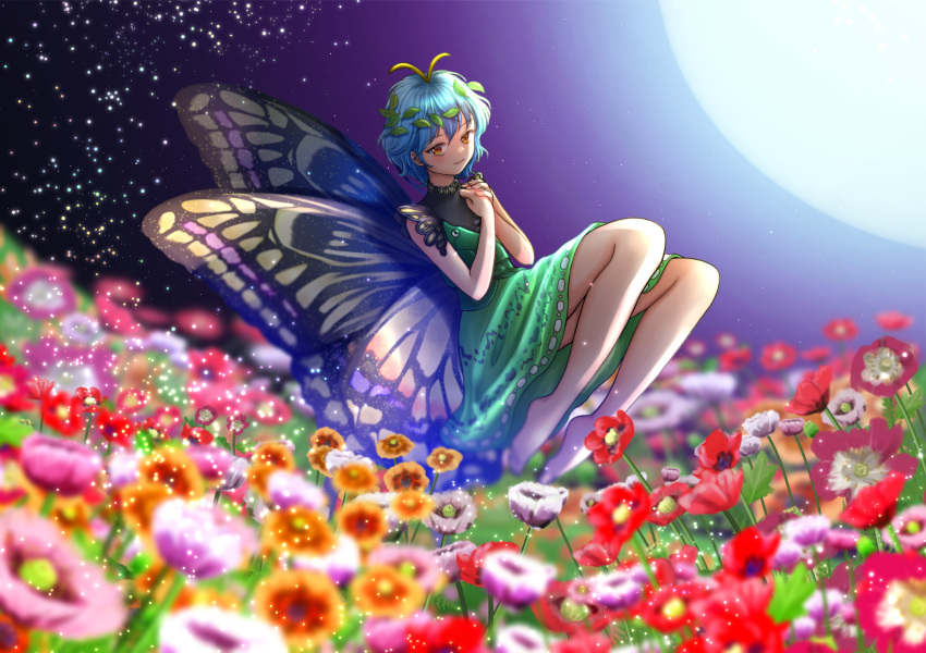 1girl antennae aqua_hair barefoot butterfly_wings closed_mouth commentary_request dress eternity_larva fairy flower full_moon green_dress highres kyabekko leaf leaf_on_head moon multicolored_clothes multicolored_dress orange_eyes orange_flower partial_commentary pink_flower red_flower short_hair short_sleeves smile solo touhou wings