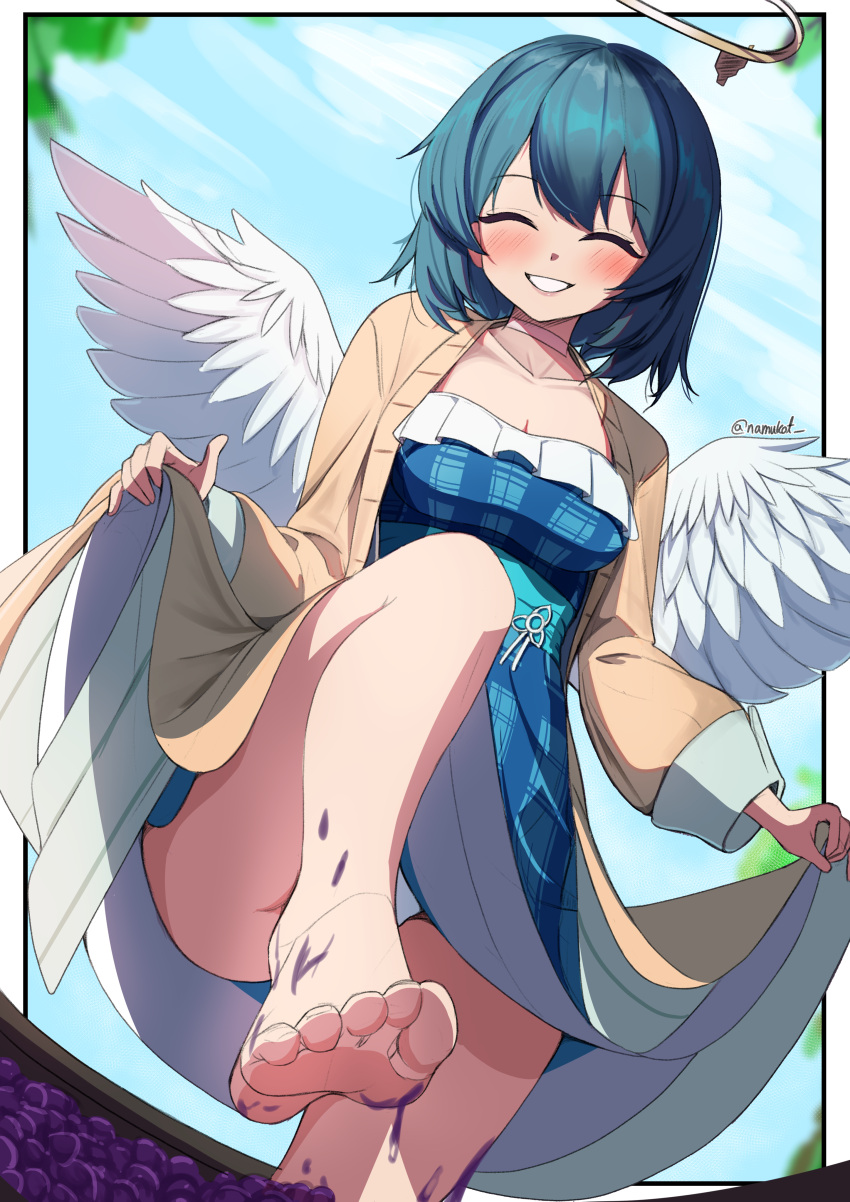 1girl absurdres angel_wings aqua_sash barefoot blurry blurry_background blush border breasts brown_coat character_request choker cleavage closed_eyes coat collarbone commentary commission convenient_leg dress dutch_angle english_commentary eyelashes feathered_wings feet foot_focus foot_out_of_frame foot_up frilled_dress frills grape_stomping halo highres impossible_clothes impossible_dress knee_up last_origin medium_breasts medium_hair namukot open_clothes open_coat outdoors panties pixiv_commission skirt_hold smile soles solo standing standing_on_one_leg thighs toenails toes twitter_username underwear white_border white_choker white_panties white_wings wings