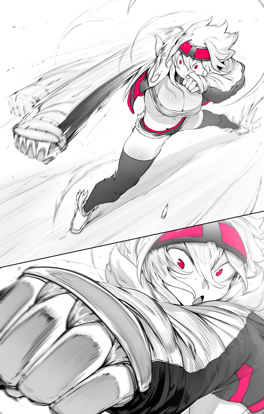 1girl absurdres black_thighhighs breasts cleavage cropped_jacket fighting_stance goggles goggles_on_head greyscale highres long_sleeves midriff monochrome motion_blur motion_lines navel niwamaru_(niwarhythm) niwarhythm original pink_eyes pov punching shiny_skin short_hair short_shorts shorts solo thighhighs white_background