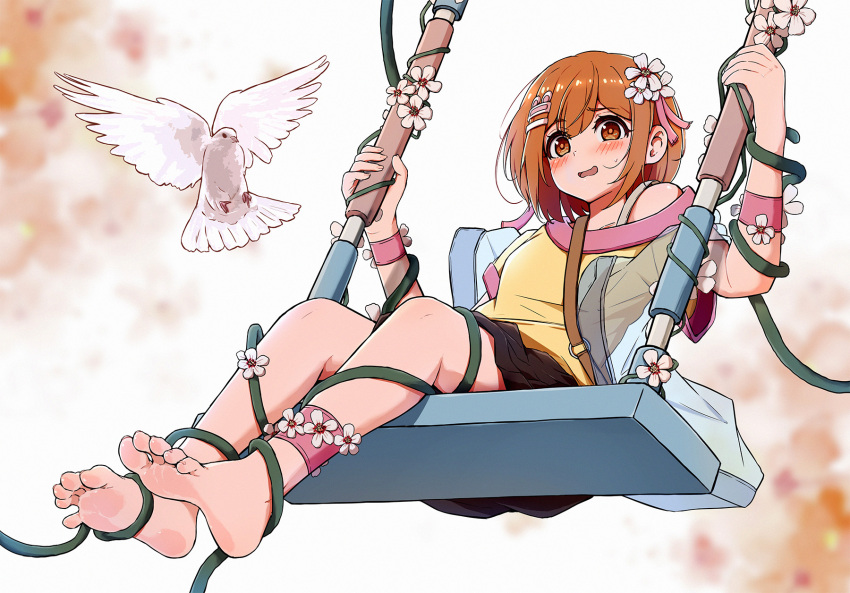 1girl barefoot blush feet flower hair_flower hair_ornament highres looking_at_viewer medium_hair open_mouth original plant qiufengxiaose restrained soles sweatdrop swing swinging toes vines white_dove