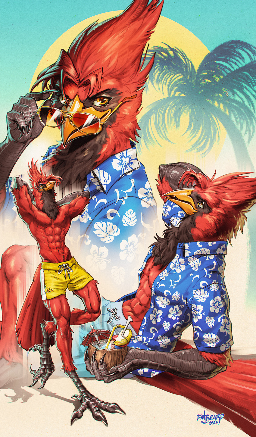 2023 abs absurd_res aloha_shirt anthro artist_name athletic athletic_anthro athletic_male avian beach beak bird black_body black_feathers blue_bottomwear blue_clothing blue_shirt blue_shorts blue_topwear bottomwear bust_portrait cardinal_(bird) claws clothed clothed_anthro clothed_male clothing cocktail_garnish cocktail_umbrella coconut digital_drawing_(artwork) digital_media_(artwork) dress_shirt drupe_(fruit) eyewear feathers finbeard food fruit full-length_portrait hand_behind_neck hands_behind_neck hi_res holding_eyewear holding_object holding_sunglasses leaning leaning_back looking_at_viewer looking_up male male_anthro multicolored_body multicolored_feathers northern_cardinal oscine palm_tree passerine pattern_clothing pattern_shirt pattern_topwear pecs phnod plant portrait red_body red_clothing red_feathers red_topwear seaside shirt shirtless_anthro shirtless_male shorts side_view solo standing straw sun sunglasses swimming_trunks swimwear talons topless topless_anthro topless_male topwear tree two_tone_body wingless_avian yellow_bottomwear yellow_clothing yellow_eyes yellow_shorts