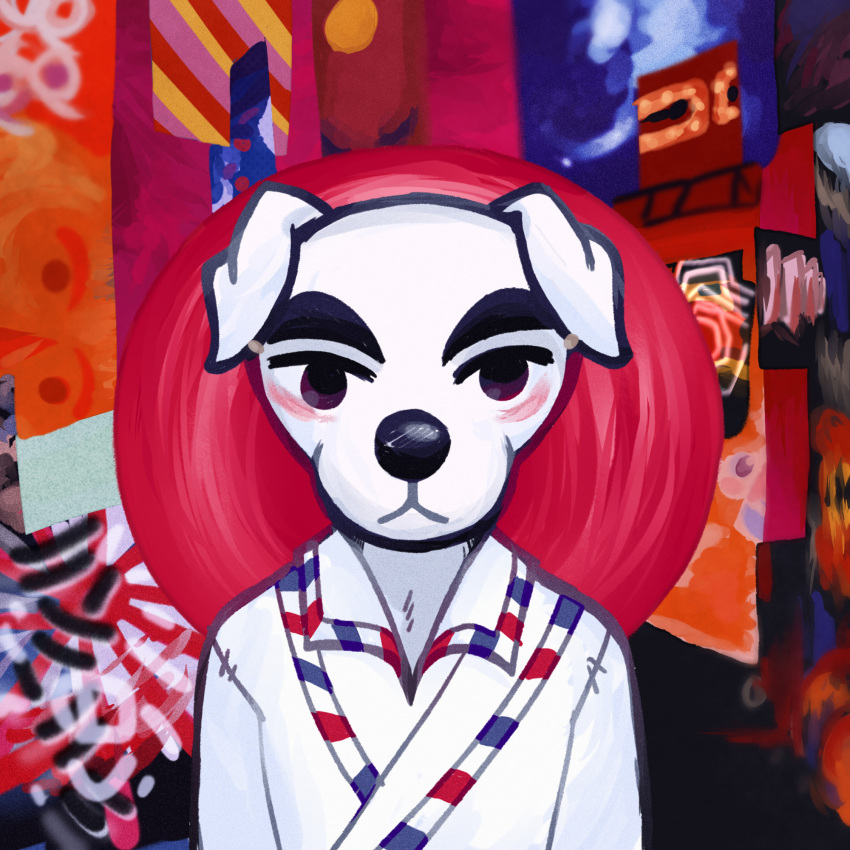 2020 album_cover animal_crossing anthro bjork black_nose blush canid canine canis clothed clothing cover digital_media_(artwork) domestic_dog eyebrows fur hi_res k.k._slider k.k._slider_album_redraw kresendoe male mammal meme nintendo post_(bjork) solo topwear white_body white_fur