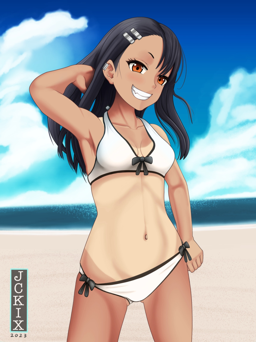 1girl arm_behind_head artist_name beach bikini black_hair blue_sky cloud cowboy_shot dark_skin day english_commentary front-tie_bikini_top front-tie_top grin highres horizon ijiranaide_nagatoro-san jckix long_hair looking_at_viewer nagatoro_hayase ocean one-piece_tan orange_eyes outdoors side-tie_bikini_bottom sky smile solo standing swimsuit tan tanlines white_bikini