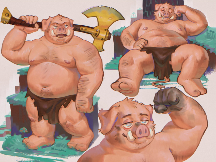 2023 anthro areola axe beard belly biceps biped body_hair bottomwear bulge chest_hair chonkyjohn clothed clothing digital_media_(artwork) eyebrows eyes_closed facial_hair feet fungus fur grass hairy_arms hairy_legs happy_trail hi_res holding_object holding_weapon loincloth loincloth_only male mammal microsoft minecraft mojang moobs musclegut muscular muscular_anthro muscular_male muscular_thighs mushroom navel nipples open_mouth open_smile overweight overweight_anthro overweight_male piglin plant quads smile solo standing suina tail teeth thick_thighs tongue topless tusks weapon xbox_game_studios