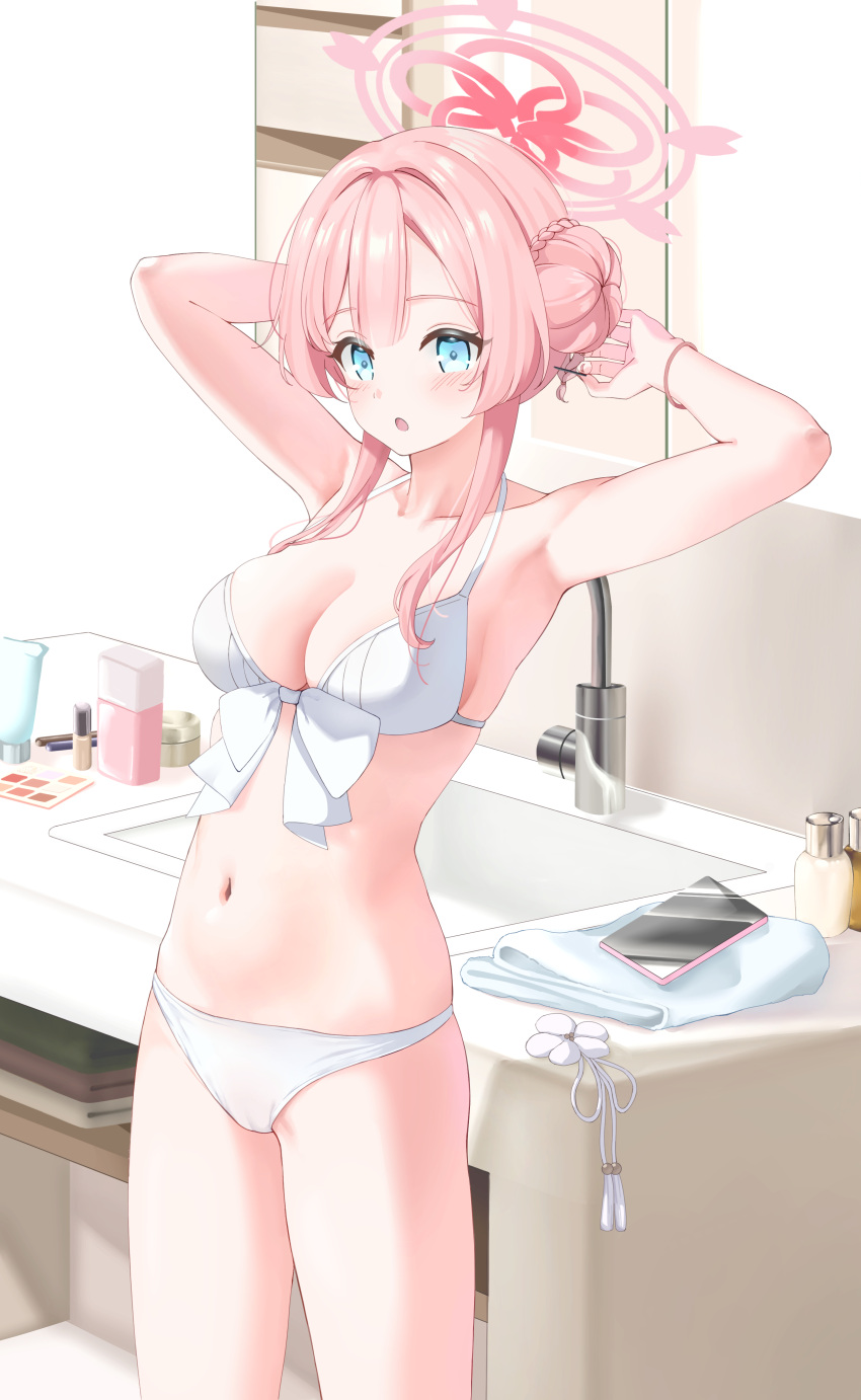 1girl absurdres arms_up bathroom bikini blue_archive blue_eyes blush braid braided_bun breasts cameltoe cleavage collarbone commentary_request front-tie_bikini_top front-tie_top hair_bun halo highres long_hair looking_at_viewer medium_breasts mimori_(blue_archive) mimori_(swimsuit)_(blue_archive) navel official_alternate_costume open_mouth panties pink_hair pink_halo single_side_bun solo standing swimsuit tomu_(tom_309k) underwear white_bikini white_panties