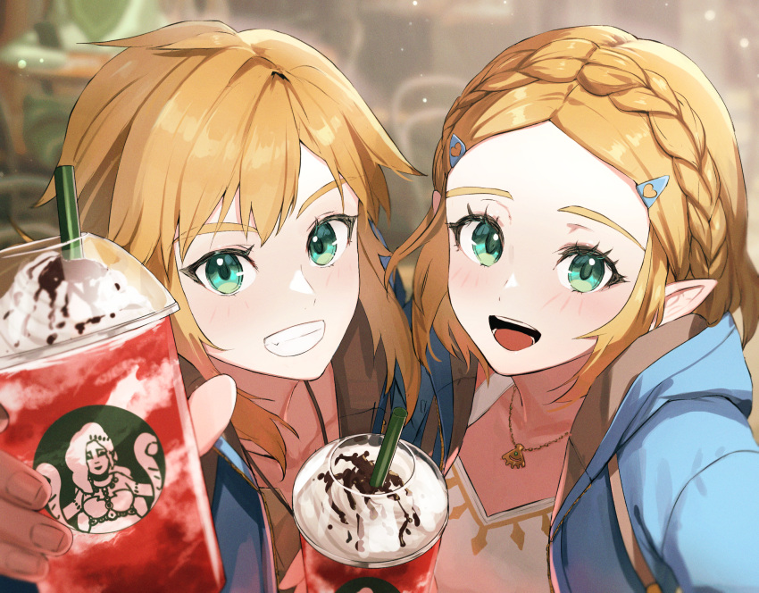 1boy 1girl :d alternate_costume blue_jacket blush braid breasts crown_braid cup dolce_(dolsuke) green_eyes grin hair_ornament hairclip highres holding jacket jewelry link medium_breasts necklace open_clothes open_jacket parted_bangs shiny_skin shirt sidelocks smile teeth the_legend_of_zelda the_legend_of_zelda:_tears_of_the_kingdom upper_body