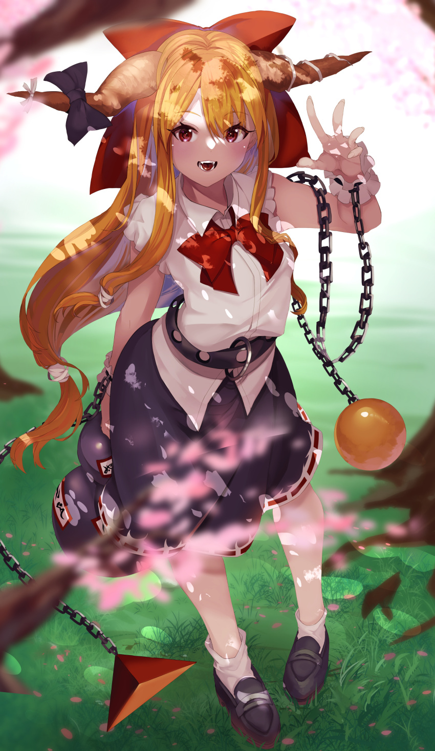 1girl absurdres arm_up bangs blue_ribbon blue_skirt blush bow bowtie breasts chain cherry_blossoms commentary_request cube cuffs eyelashes fang fangs frilled_cuffs full_body gourd hair_ribbon highres holding holding_gourd horn_bow horn_ornament horn_ribbon horns ibuki_suika layered_skirt littolebusters long_hair looking_at_viewer low-tied_long_hair open_mouth orange_hair orb purple_bow purple_skirt red_bow red_bowtie red_ribbon ribbon shackles shirt skin_fang skirt sleeveless sleeveless_shirt slit_pupils smile solo sparkle standing touhou