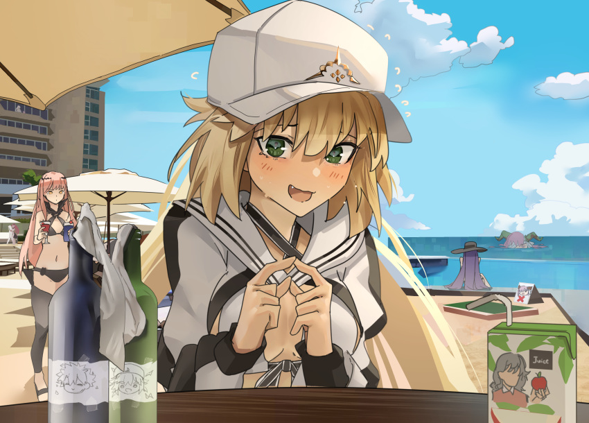 6+girls altera_(fate) apple artoria_caster_(swimsuit)_(fate) baobhan_sith_(swimsuit_pretender)_(third_ascension)_(fate) baseball_cap beach bikini black_bikini blonde_hair blue_sky breasts cleavage closed_mouth cloud cloudy_sky cup day fate/grand_order fate_(series) flying_sweatdrops food fruit green_eyes habetrot_(fate) hat highres holding holding_cup hotel isaac_newton juice_box kingprotea_(third_ascension)_(fate) long_hair looking_at_viewer medb_(fate) medusa_(fate) medusa_(rider)_(fate) morgan_le_fay_(fate) multiple_girls navel nervous nervous_smile nervous_sweating obazzotto ocean open_mouth outdoors partially_submerged pink_hair purple_hair sand sitting sky smile standing sun_hat sweat swimsuit table twiddling_fingers walking white_hair yellow_eyes
