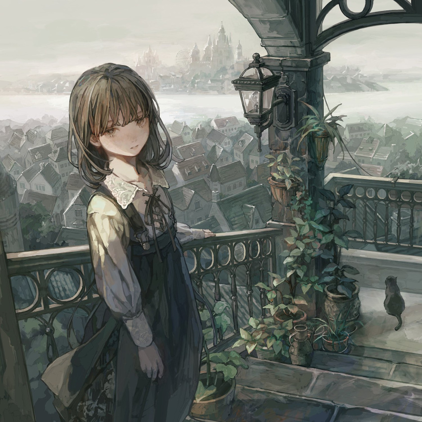 1girl arch black_cat black_ribbon black_skirt brown_eyes brown_hair building cat chimney city collarbone collared_shirt expressionless ferris_wheel flower_pot fog grey_sky hand_on_railing high-waist_skirt highres hotatenshi house lantern long_sleeves looking_at_viewer medium_hair on_stairs original plant potted_plant puffy_long_sleeves puffy_sleeves ribbon river scenery shirt skirt sky stairs suspender_skirt suspenders tree watering_can white_shirt window