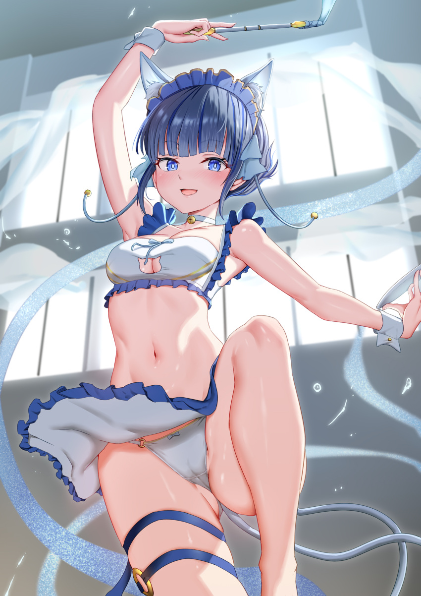 1girl alternate_costume animal_ear_fluff animal_ears arm_up bare_shoulders blue_eyes blue_hair cameltoe cat_ears cat_tail duel_monster enmaided feet_out_of_frame frilled_skirt frills highres holding holding_wand maid mailixiang multiple_tails navel ni-ni_the_mirror_mikanko panties short_hair skirt solo standing standing_on_one_leg stomach tail thigh_strap thighs underwear wand wrist_cuffs yu-gi-oh!