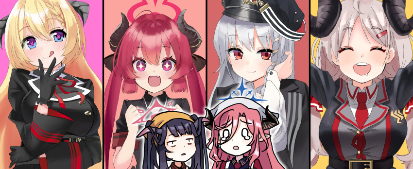 +_+ 6+girls :d :q absurdres adjusting_hair akari_(blue_archive) arms_up black_coat black_hair blonde_hair blue_archive blue_eyes blunt_bangs bow braid chibi chibi_inset clenched_hands coat coat_on_shoulders commentary_request demon_girl demon_horns drooling forehead fuuka_(blue_archive) gourmet_research_society_(blue_archive) grey_hair hair_between_eyes hair_bow hair_ornament hair_ribbon hairclip halo haruna_(blue_archive) hat highres horns izumi_(blue_archive) junko_(blue_archive) juri_(blue_archive) long_hair long_sleeves looking_at_viewer multiple_girls outstretched_arms peaked_cap red_eyes red_hair ribbon saibashi_(develop_komono) school_uniform serafuku short_sleeves sidelocks simple_background single_braid smile sparkling_eyes spread_arms symbol-shaped_pupils tearing_up tongue tongue_out twintails white_headwear x-shaped_pupils yellow_headwear