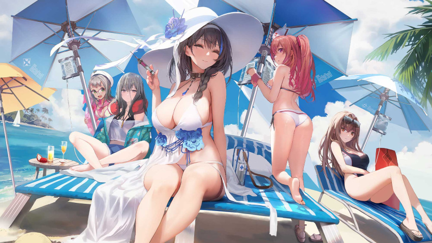 4girls ass bare_shoulders barefoot beach_umbrella bikini black_hair blue_flower blue_shorts blue_sky braid breasts closed_eyes closed_mouth cloud copyright_name cutoffs day denim denim_shorts english_text feet flower foreshortening frima_(nikke) frima_(sea_of_sloth)_(nikke) from_behind glasses goddess_of_victory:_nikke green_eyes grey_hair hair_between_eyes hairband hat hat_flower highres holding holding_syringe indian_style kneepits leaning_forward legs mary_(bay_goddess)_(nikke) mary_(nikke) multicolored_hair multiple_girls neon_(blue_ocean)_(nikke) neon_(nikke) official_alternate_costume official_art outdoors pepper_(nikke) pepper_(ocean_vitamin)_(nikke) pink_eyes pink_hair rapi_(classic_vacation)_(nikke) red-framed_eyewear sandals see-through semi-rimless_eyewear seraphim_(nikke) shorts sitting sky soles streaked_hair sun_hat swimsuit syringe thighs toenails toes umbrella white_bikini white_hairband white_headwear