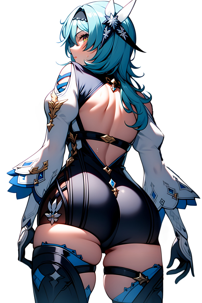 1girl absurdres ass backless_outfit black_bodysuit black_headband blue_gemstone bodysuit cropped_legs eula_(genshin_impact) facing_back frilled_sleeves frills gem genshin_impact gold_trim hair_ornament head_tilt headband highres looking_at_viewer red_lips sidious solo thick_thighs thighs two-tone_gloves two-tone_legwear white_background white_sleeves yellow_eyes