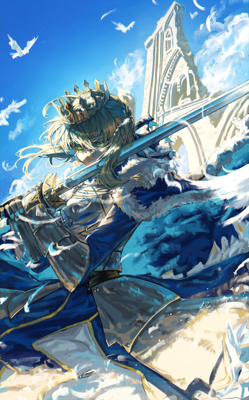 1girl ahoge armor armored_dress artoria_pendragon_(fate) bird blonde_hair blue_cape blue_dress blue_ribbon braid breastplate cape cloud crown dress excalibur_(fate/stay_night) fate/grand_order fate_(series) fur-trimmed_cape fur_trim gauntlets green_eyes hair_ribbon highres holding holding_sword holding_weapon long_sleeves lux_arts ribbon ruins saber short_hair sky solo sword weapon white_bird