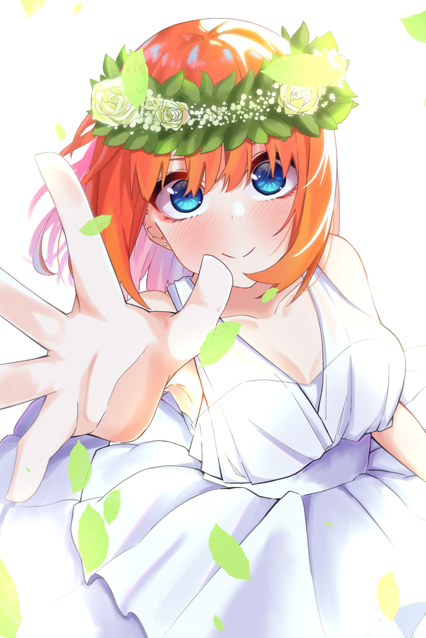 1girl airo blue_eyes blurry blush breasts cleavage closed_mouth collarbone commentary cowboy_shot depth_of_field dress earrings eyebrows_hidden_by_hair eyelashes falling_leaves floating_hair flower flower_wreath from_above go-toubun_no_hanayome hair_between_eyes happy head_wreath highres jewelry large_breasts leaf long_dress looking_at_viewer medium_hair nakano_yotsuba official_alternate_costume official_alternate_hairstyle open_hand orange_hair reaching reaching_towards_viewer rose sidelighting simple_background sleeveless sleeveless_dress smile solo standing straight_hair stud_earrings wedding_dress white_background white_dress white_flower white_rose wide-eyed