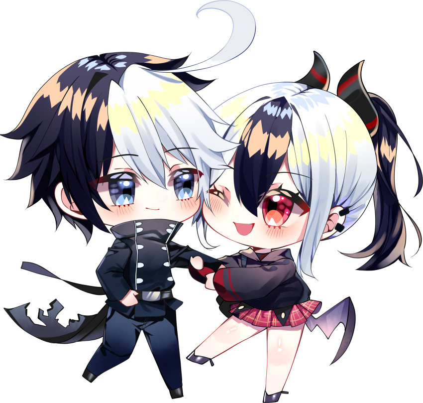 1boy 1girl absurdres belt black_coat black_hair blue_archive blue_eyes blush chibi coat color_connection commission commissioner_upload crossover earrings hair_color_connection happy hetero highres holding_another's_arm hood hoodie horns jewelry kayoko_(blue_archive) multicolored_hair non-web_source open_mouth ponytail red_eyes seth_(under_night_in-birth) short_hair skirt smile trait_connection under_night_in-birth white_hair