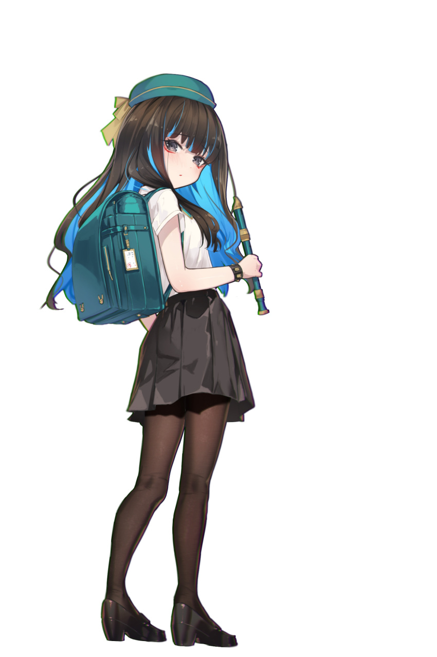 1girl aged_down backpack bag black_footwear black_hair black_skirt blue_hair breasts brown_pantyhose colored_inner_hair eyeliner fate/grand_order fate_(series) full_body green_headwear grey_eyes hat highres instrument loafers long_hair looking_at_viewer looking_back makeup multicolored_hair pantyhose recorder shirt shoes short_sleeves sidelocks skirt small_breasts solo tenochtitlan_(fate) ura_illust white_shirt