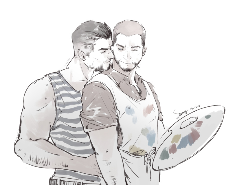 2boys absurdres apron arm_hair artist_painter bara collared_shirt couple facial_hair glaz_(rainbow_six_siege) goatee hand_on_another's_waist head_on_another's_shoulder highres kapkan_(rainbow_six_siege) male_focus mature_male multiple_boys muscular muscular_male muted_color official_alternate_costume paint_on_clothes paint_stains palette_(object) pectorals rainbow_six_siege saury_dog shirt short_hair sideburns spot_color tank_top undercut upper_body yaoi