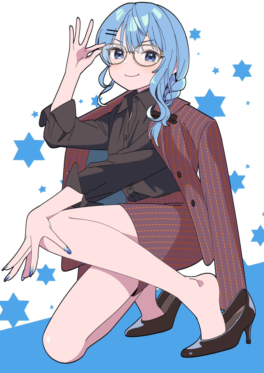 1girl adjusting_eyewear alternate_costume black_footwear black_shirt blue_background blue_eyes blue_hair blue_nails blush bow braid closed_mouth collared_shirt feet full_body glasses hair_bow hair_ornament hairclip hand_on_own_knee hand_up heel_pop high-waist_skirt high_heels highres hololive hoshimachi_suisei jacket jacket_on_shoulders kneeling legs long_hair long_sleeves looking_at_viewer nail_polish office_lady patterned_clothing red_jacket red_skirt shirt sidelocks skirt smile soh_himitsuki solo star_(symbol) two-tone_background virtual_youtuber white_background