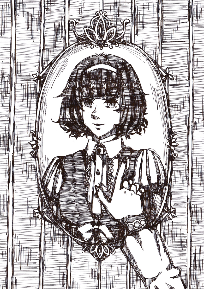 1girl absurdres frilled_shirt frills hairband highres looking_at_viewer mirror monochrome original puffy_sleeves reaching reaching_towards_viewer reflection selen_amami shirt short_hair solo traditional_media upper_body wall white_shirt