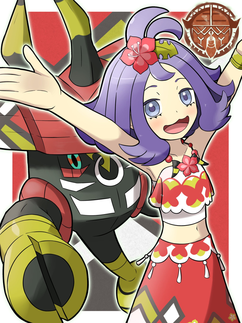 1girl acerola_(pokemon) acerola_(sygna_suit)_(pokemon) arms_up blush border collarbone flower hair_flower hair_ornament highres horns looking_at_viewer midriff nasubi_shirasu navel official_alternate_costume open_mouth outside_border outstretched_arms pokemon pokemon_(creature) pokemon_(game) pokemon_masters_ex purple_eyes purple_hair red_skirt skirt smile tapu_bulu white_border z-move_trainer_pose